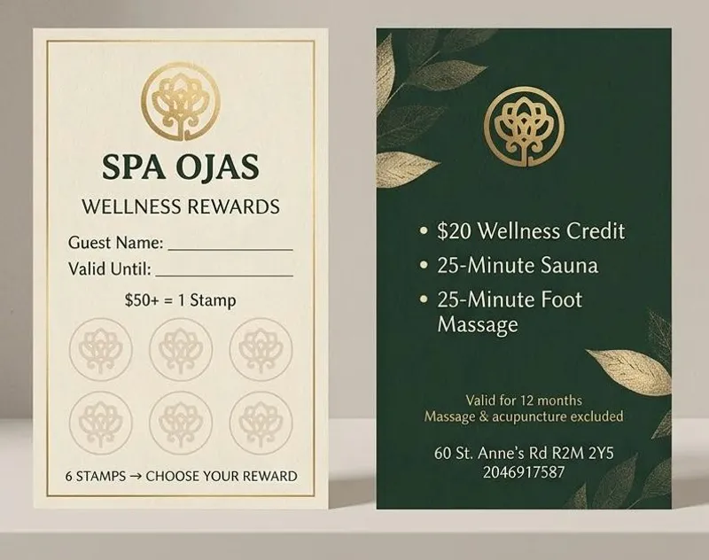 The SPA OJAS Wellness Rewards card: 6 stamps, then choose a $20 Wellness Credit, a 25-minute sauna or a 25-minute foot massage