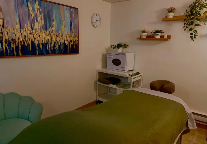 A massage room with a green cover, a large painting and plants on a shelf