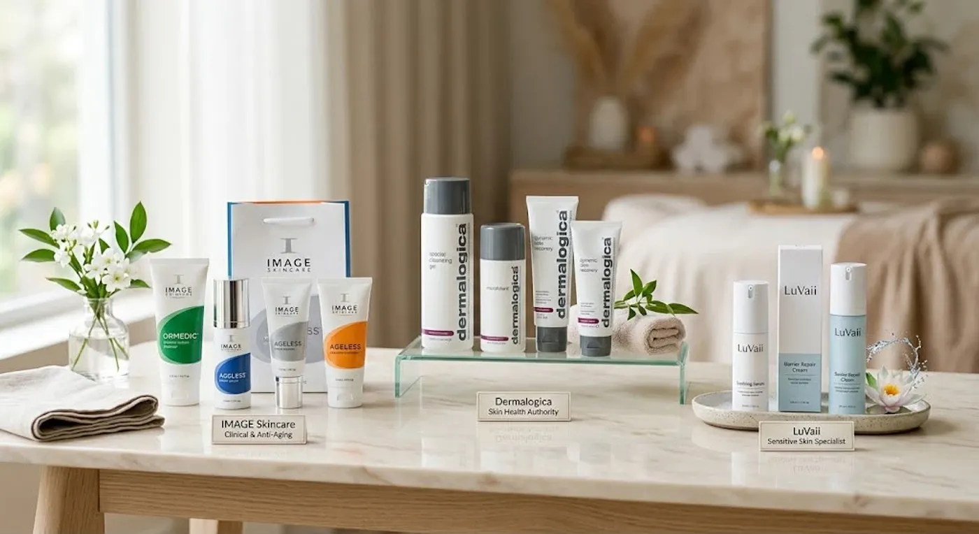 IMAGE Skincare, Dermalogica and LuVaii products on a marble table